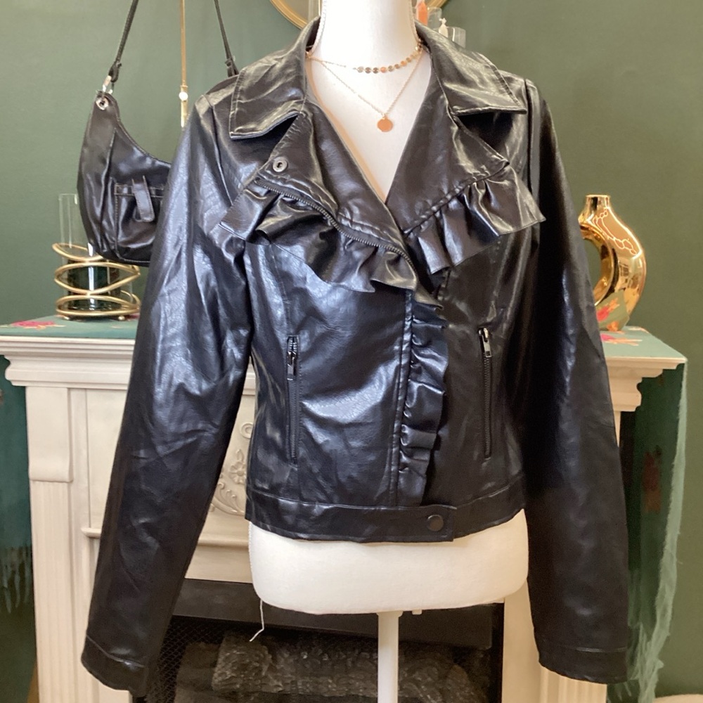 Wishful Park Black Faux‎ Leather Jacket with Ruffles